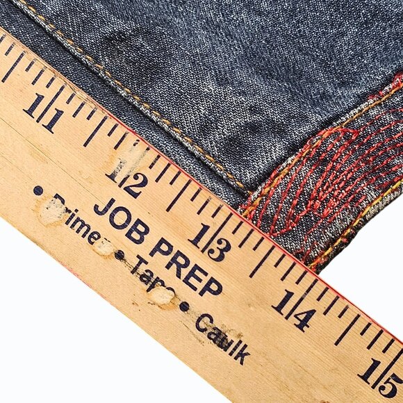 RMC Red Monkey Mens Jean Shorts 38 Denim Button Fly Embroidered Pocket & Hem Y2K - Picture 15 of 16